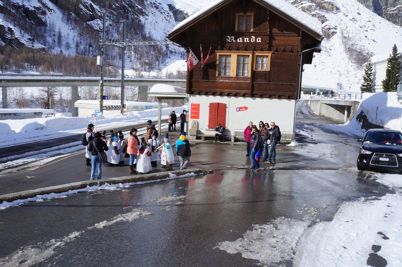 Randa station: trains of the Matterhorn Gotthard Bahn railway carry visitors and commuters to Zermatt and Visp.