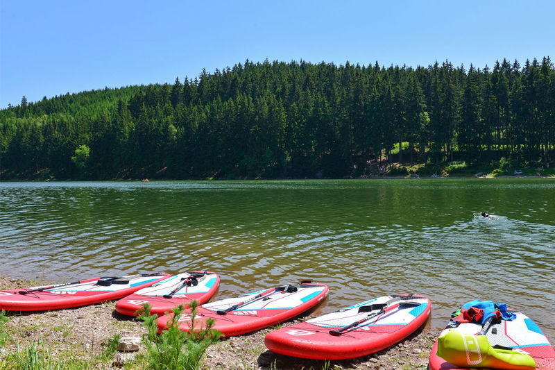 Stand Up Paddling an der Lütsche, Blick auf die Boards am See