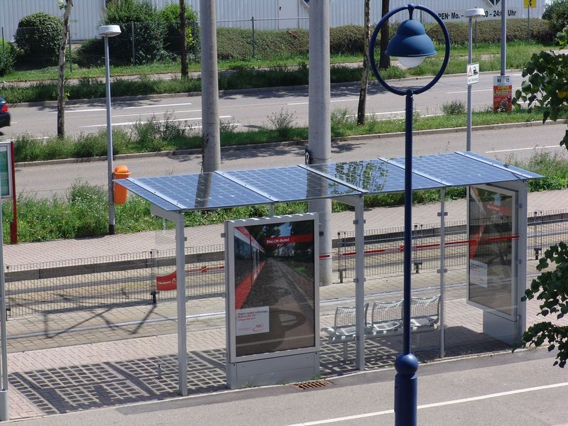 Tram stop with solar energy system on its roof