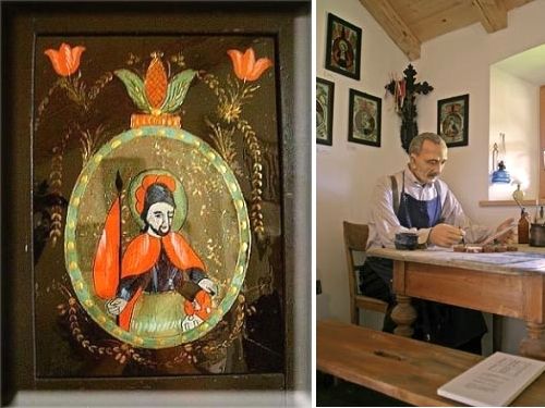 Hinterglasbild (links) und Hinterglasmaler in der Raimundsreuter Ausstellung