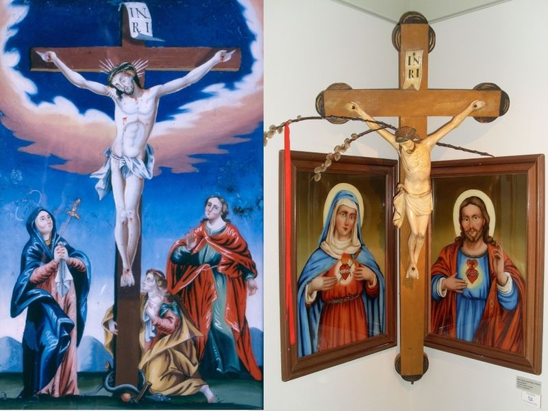Hinterglasbild Kreuzigung (links) und Herrgottswinkel (rechts) im Wallfahrtsmuseum in Neukirchen b.Hl.Blut