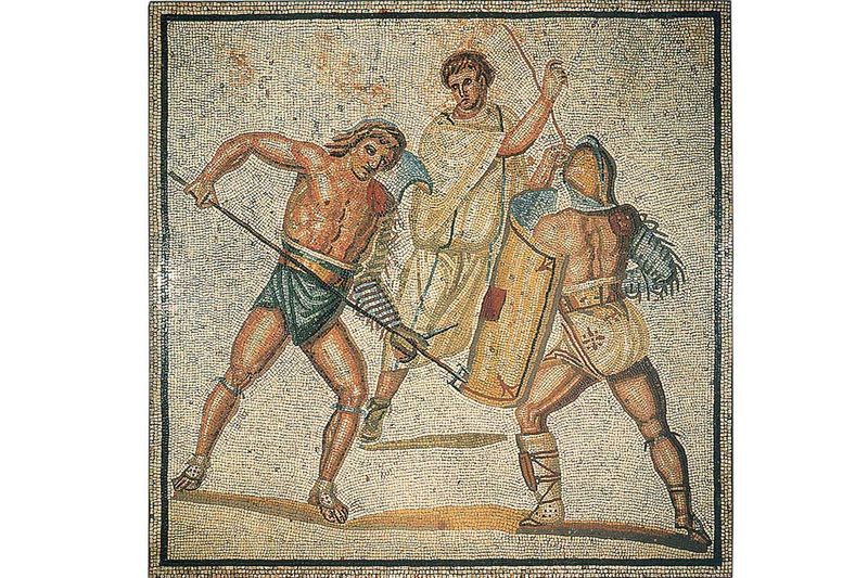Römische Villa Nennig, Mosaikfußboden, Detail Kampf der Gladiatoren