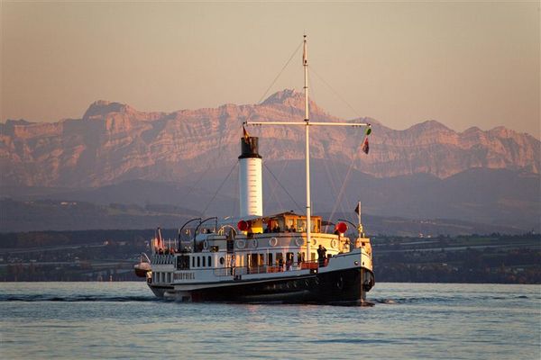 Dampfschiff Hohentwiel vor Alpenkulisse