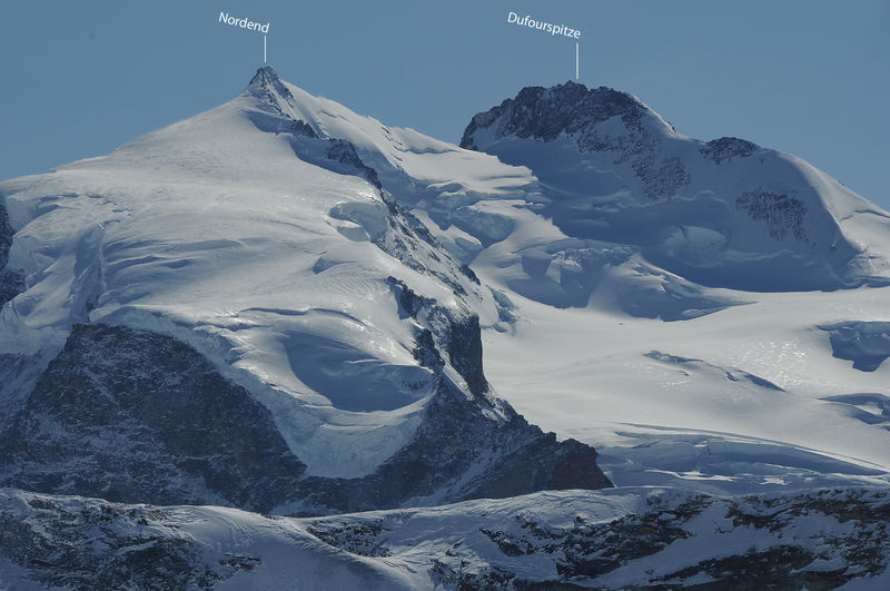 The Nordend (left) is a distinctive peak rising from the Monte Rosa massif.