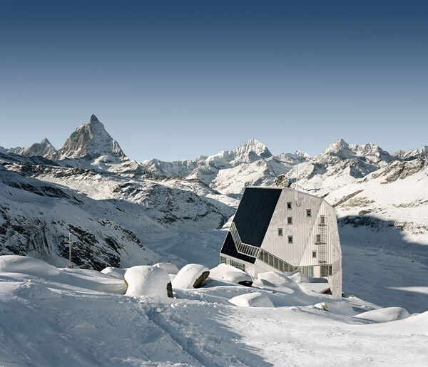Popular ski touring refuge near Zermatt: the Monte Rosa hut (SAC), high above the Gorner Glacier.