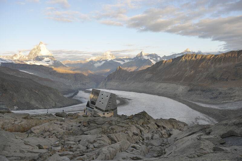 The “rock crystal” – the Monte Rosa hut near Zermatt, reached by crossing the Gorner Glacier.